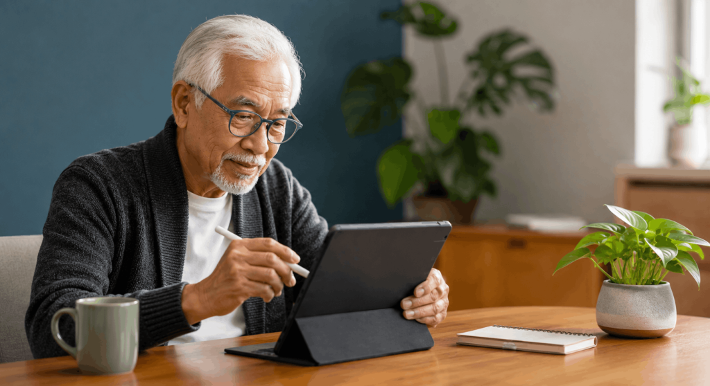 Senior practising AI coaching exercises on a tablet to build digital confidence in a calm, modern home workspace.