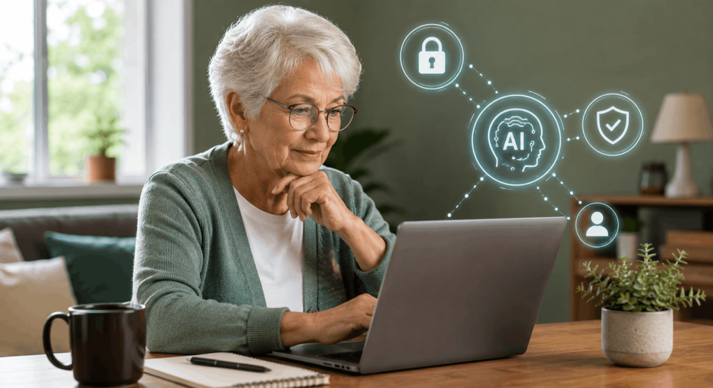 Senior woman learning AI privacy and online safety on a laptop in a bright, modern home workspace.