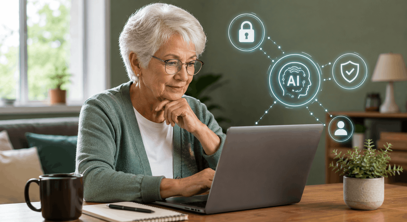 Senior woman learning AI privacy and online safety on a laptop in a bright, modern home workspace.