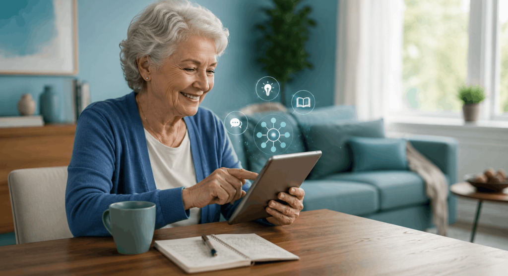 Senior woman confidently using AI on a tablet at home while learning new digital skills in a bright modern setting.