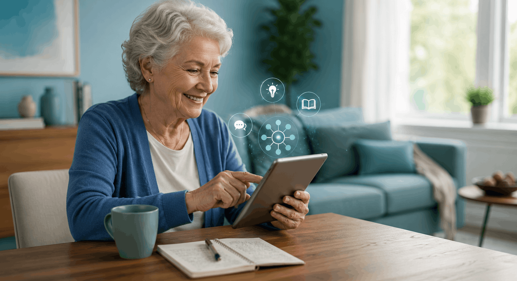 Senior woman confidently using AI on a tablet at home while learning new digital skills in a bright modern setting.