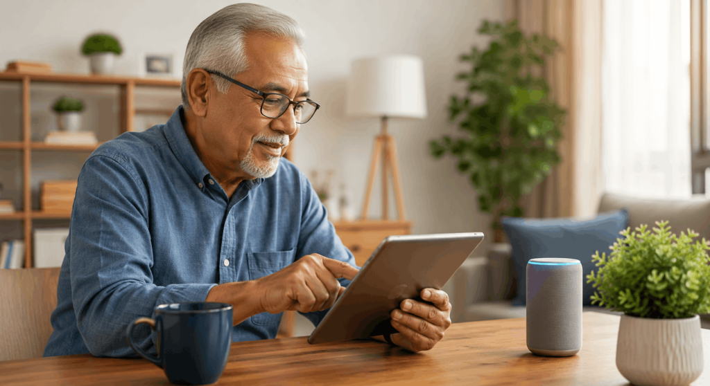 Senior using an AI voice assistant on a tablet in a bright modern home while enjoying a relaxed daily routine