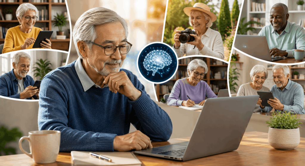 Older adults worldwide using AI for learning, creativity, communication, and daily life in a modern collage scene.