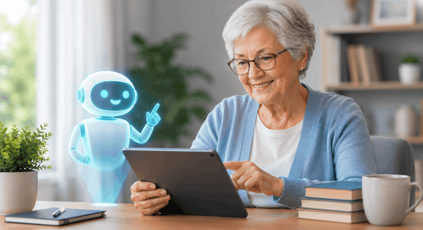 Senior learning AI on a laptop with a friendly virtual assistant in a bright home office for beginner technology skills