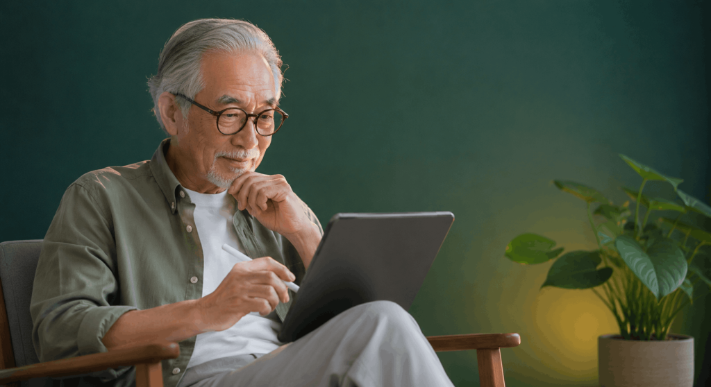Senior man learning simple artificial intelligence terms on a tablet in a peaceful home setting with focused attention.