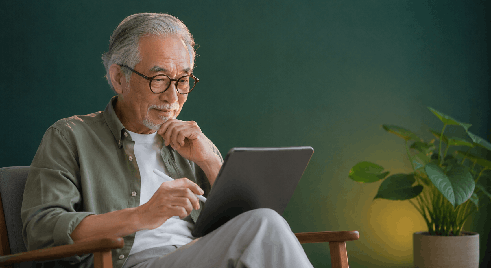 Senior man learning simple artificial intelligence terms on a tablet in a peaceful home setting with focused attention.