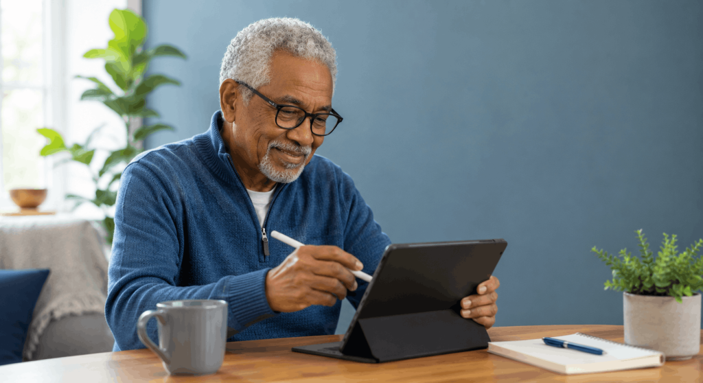 Senior using AI on a tablet to organize daily tasks and save time in a bright, peaceful home workspace.