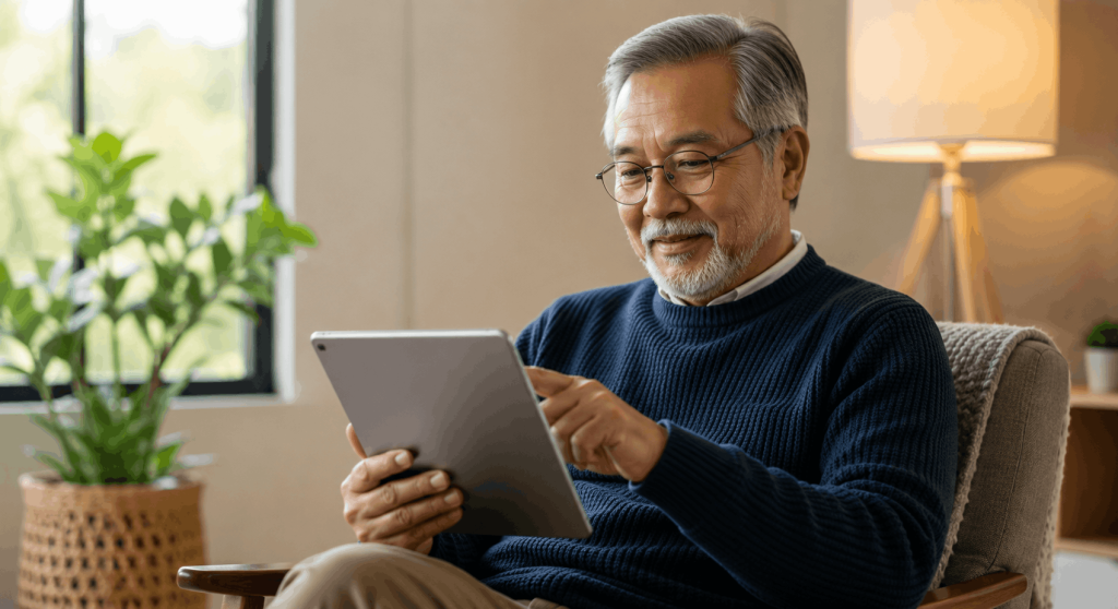 Senior man using ChatGPT on a tablet in a bright living room while learning practical AI skills for everyday life.