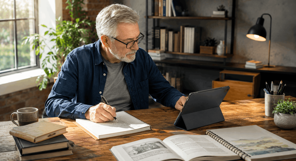 Senior man using AI in a library to write, research, read, and develop creative ideas with a laptop and notebook.