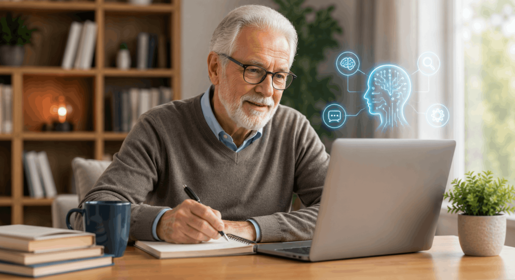 Senior man learning artificial intelligence on a laptop while taking notes in a cozy home study with AI graphics