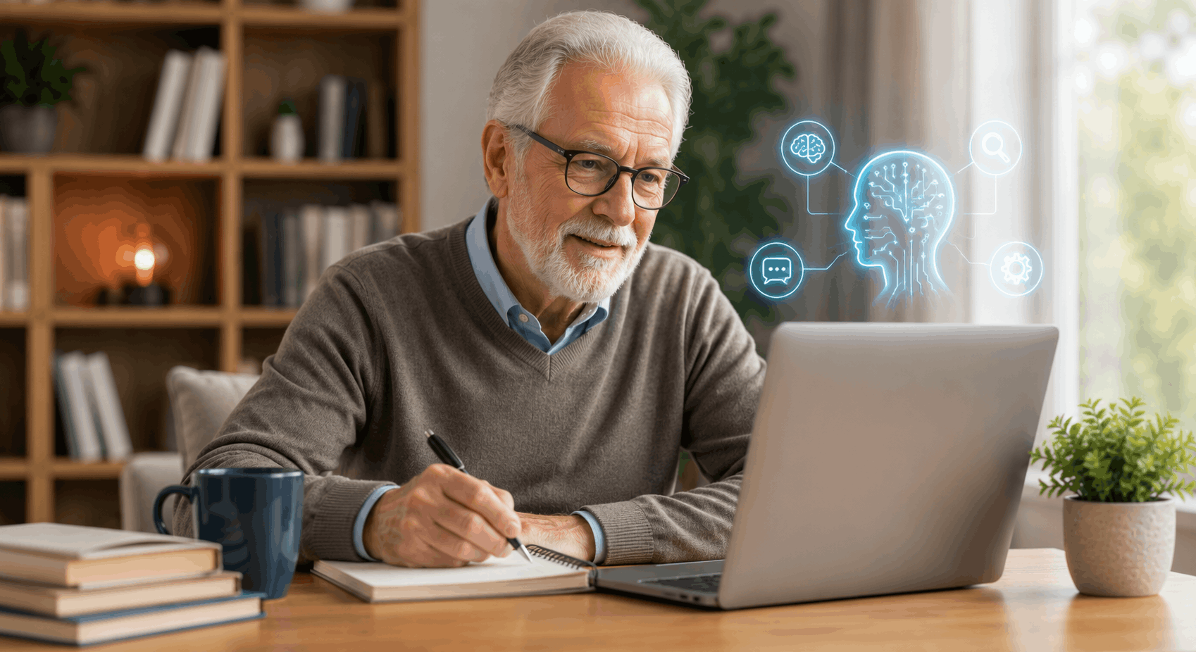 Senior man learning artificial intelligence on a laptop while taking notes in a cozy home study with AI graphics