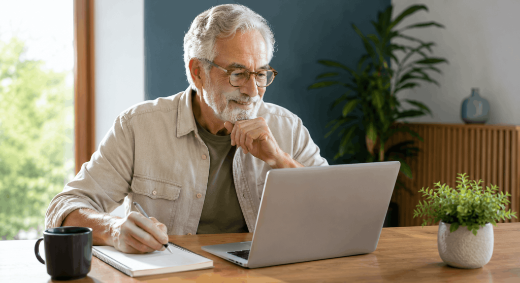 Senior using a laptop to write better AI prompts while learning in a bright, modern home workspace.