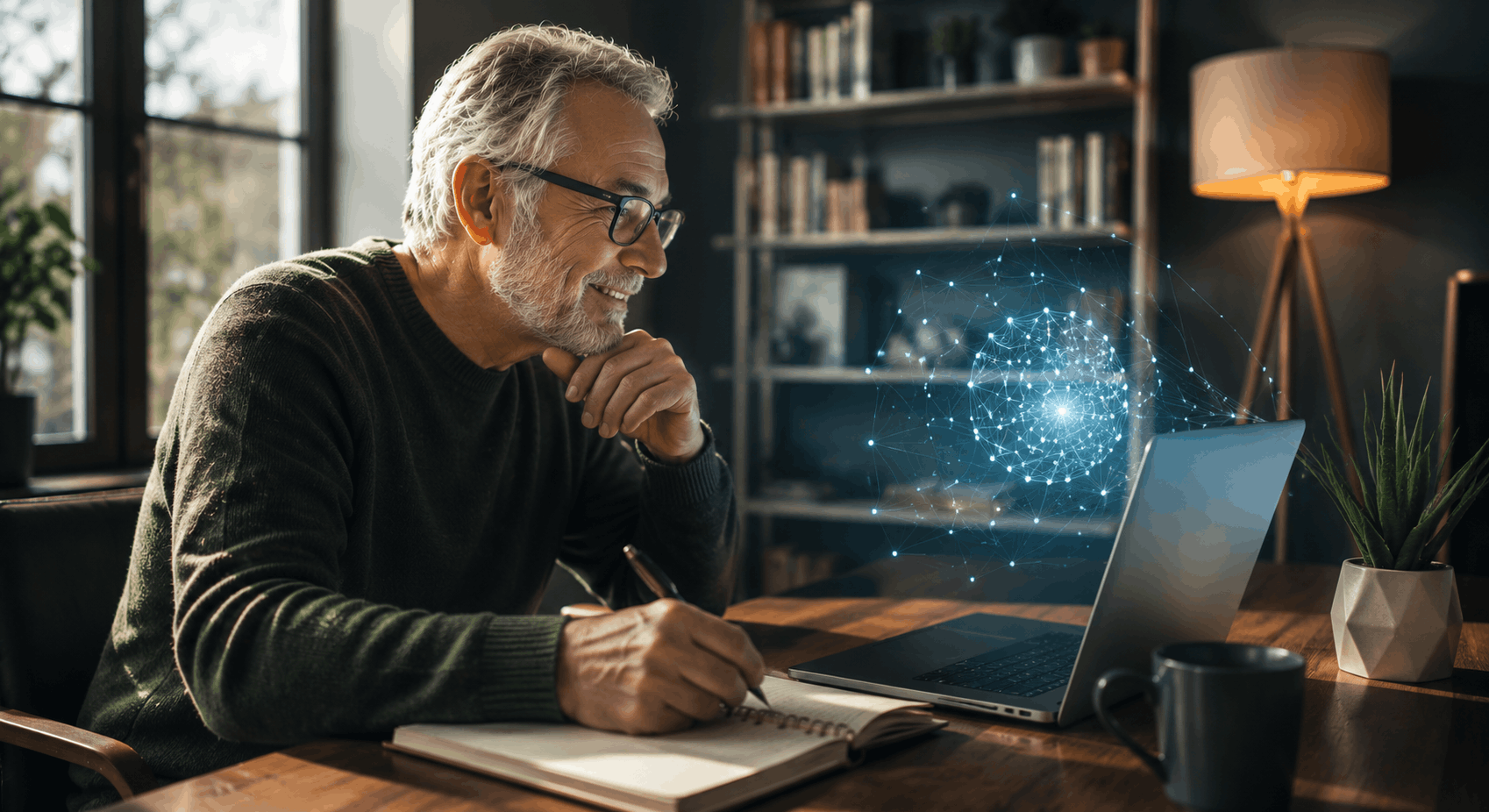 Senior man exploring AI-powered learning on a laptop in a bright home study with a future-focused atmosphere.