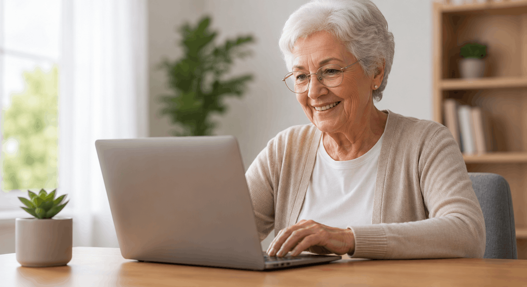 Senior confidently using AI on a laptop at home while learning digital skills in a bright and welcoming setting